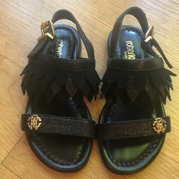 NWT Roberto Cavalli Girls Sandals, Size 28 or 11 US Black w/ Fringe - Picture 1 of 8